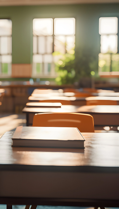 An empty classroom with desks and chairs.