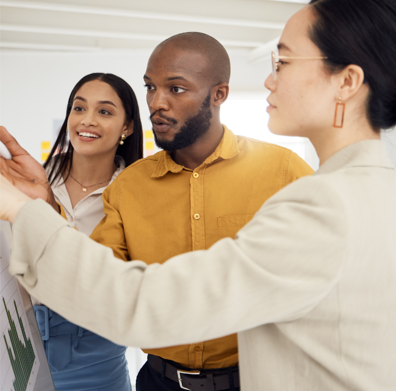 A group of business people looking at a poster.