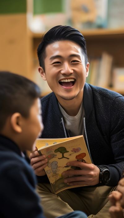 A man reading a book to children in a classroom.